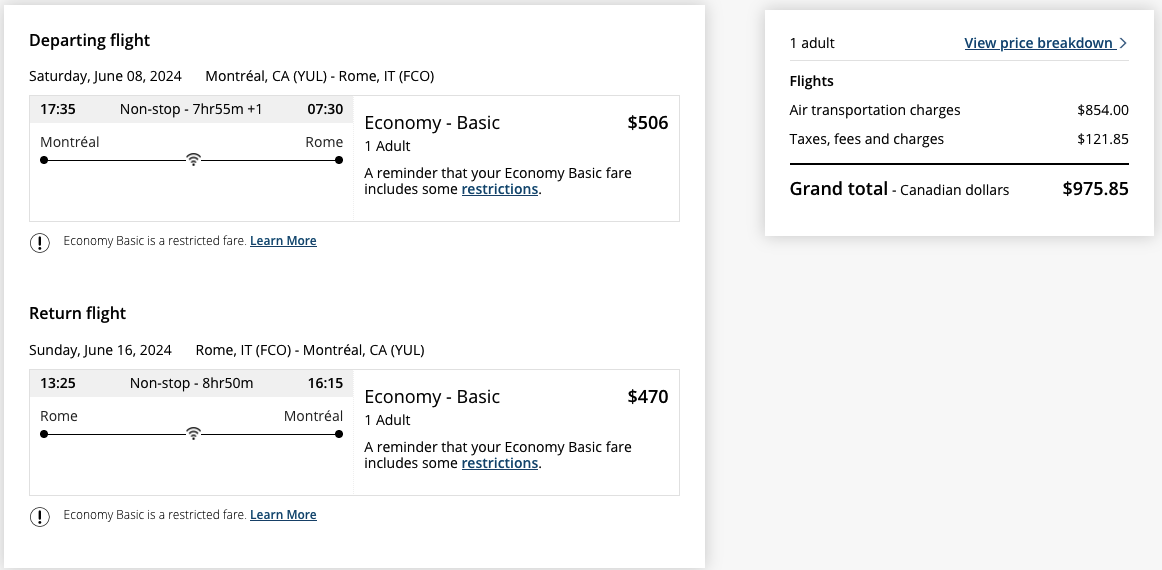 avion travel redemption chart