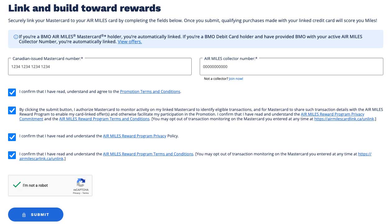 AIR MILES Card Linked Offers form filled out