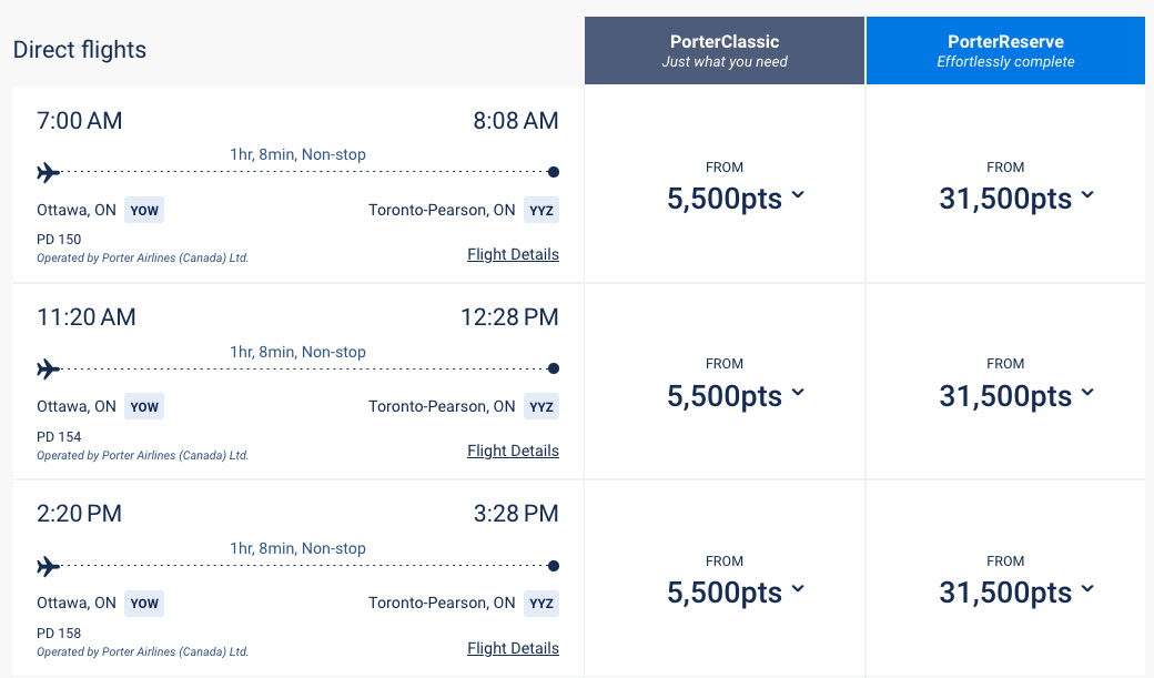 Porter Airlines redemption Example